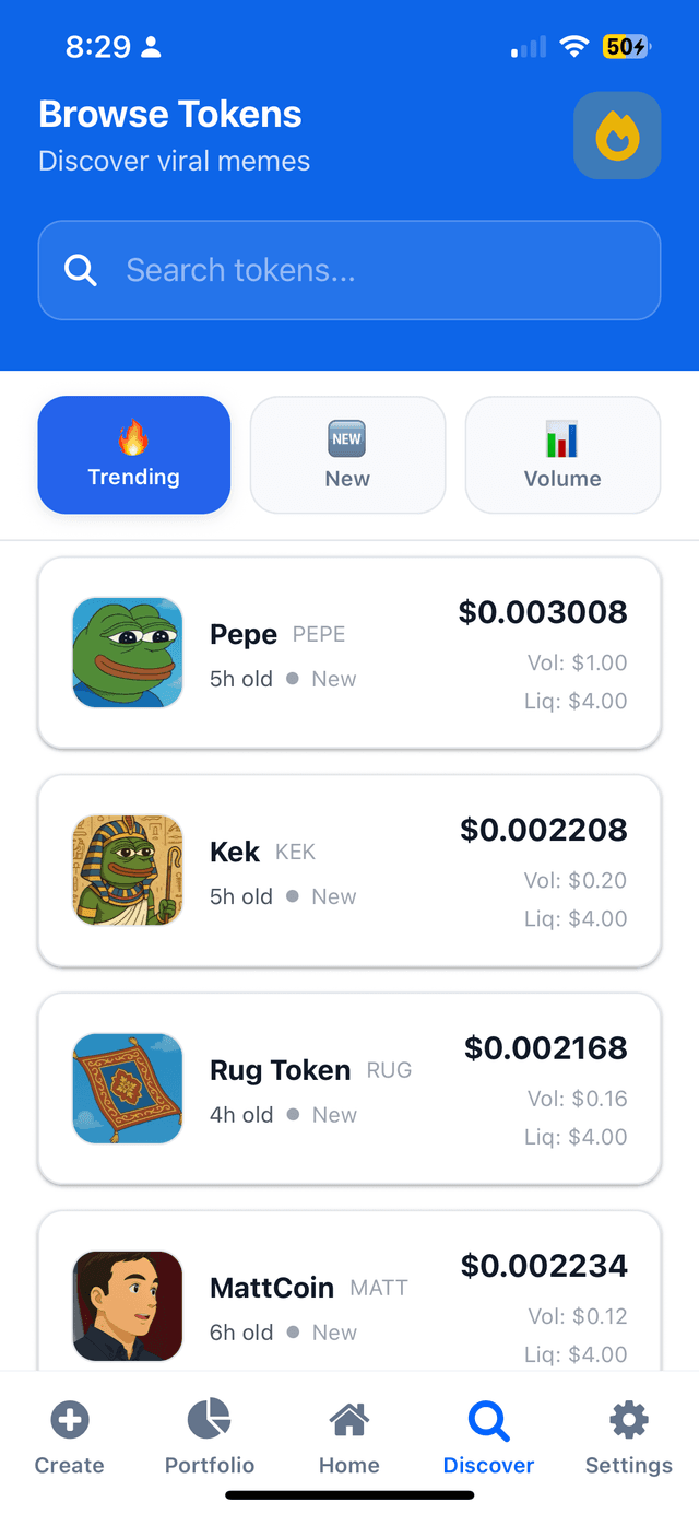 Browse tokens screen with filtering options